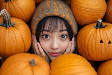 Portrait of a young girl smiling among pumpkins in a pumpkin patch capturing the playful and joyful spirit of autumn with a vibrant seasonal atmosphere