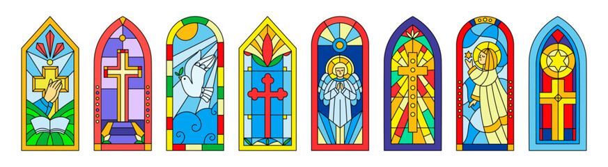 Color window. Church cathedral stained glass. Religious subjects. Angels and crucifix crosses. Christianity architecture. Catholicism worship. Arch windowsill art. Garish vector set