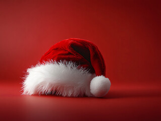 Santa hat on red background with copy space. Merry Christmas Concept for holiday greeting cards poster and festive seasonal decorations. Winter holiday and New Year celebration. Greeting card banner.