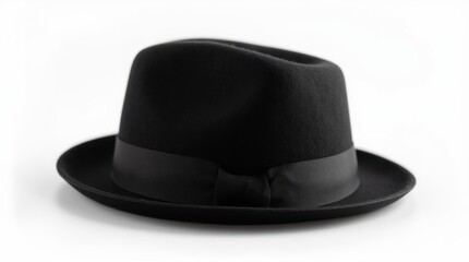 A classic black fedora hat tilted slightly on a pristine white backdrop, evoking a sense of mystery and timeless elegance with its sharp silhouette and understated style.