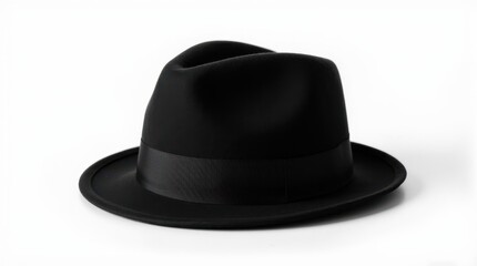 A classic black fedora hat tilted slightly on a pristine white backdrop, evoking a sense of mystery and timeless elegance with its sharp silhouette and understated style.