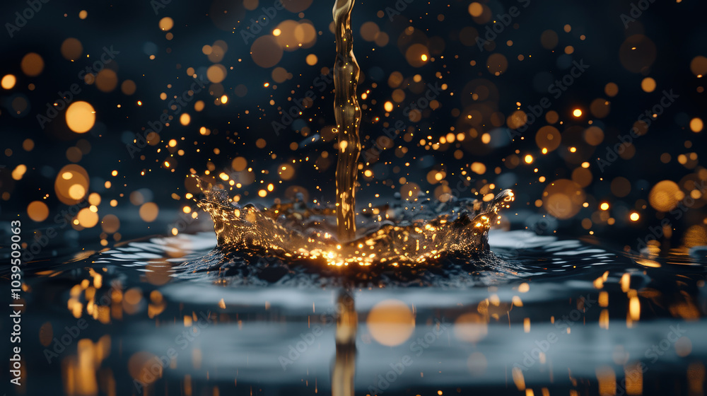 Poster mesmerizing splash of golden liquid creates stunning visual effect, surrounded by shimmering bokeh l