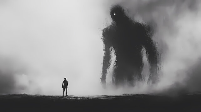A solitary figure stands in a misty landscape, facing a towering, shadowy figure. The contrast between the small human and the immense unknown creates a sense of awe and trepidation.