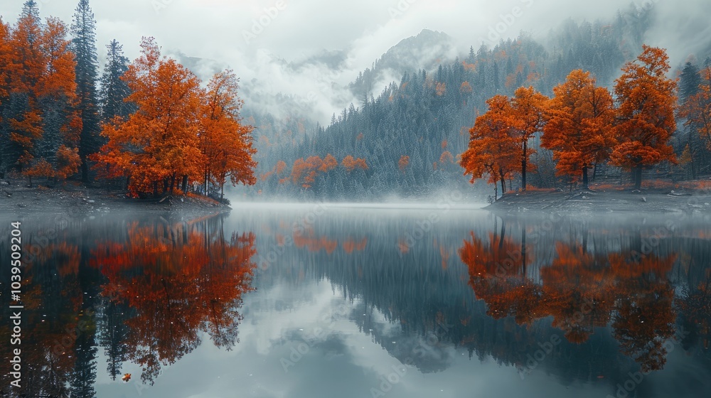 Poster A Lake has many trees growing on both sides of it. reflection in the water. Fog is floating around. and behind the mountains were dense forests covered with orange foliage.
