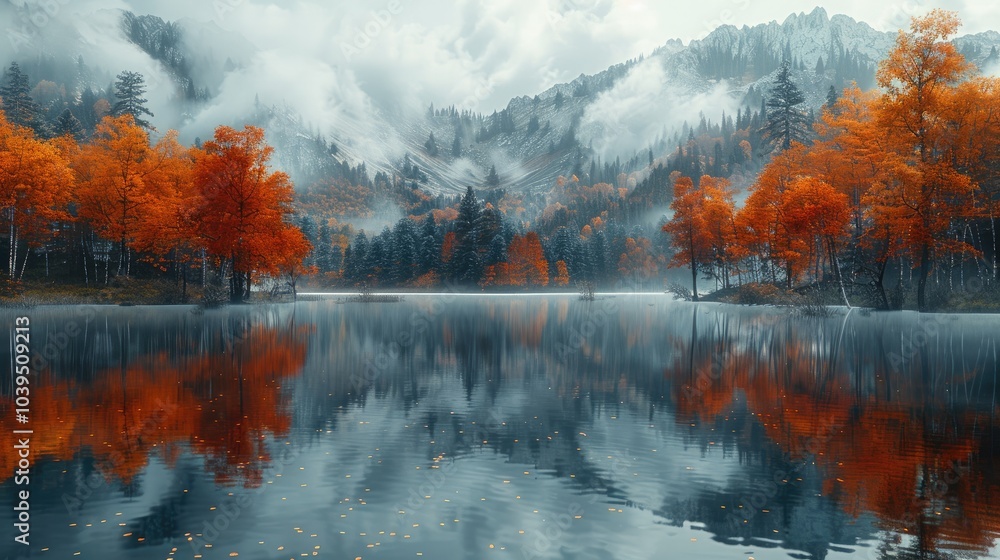 Poster A Lake has many trees growing on both sides of it. reflection in the water. Fog is floating around. and behind the mountains were dense forests covered with orange foliage.