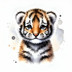 Watercolor illustration of a tiger cub. The tiger cub is cute and playful, with big expressive eyes and fluffy fur.