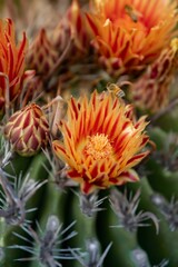 Vibrant cactus flowers with bees