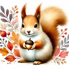 Watercolor illustration of a squirrel. The squirrel has a fluffy tail and holds an acorn in its paw