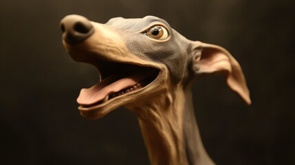  A tight shot of a statuesque dog figure, its mouth agape and tongue extended