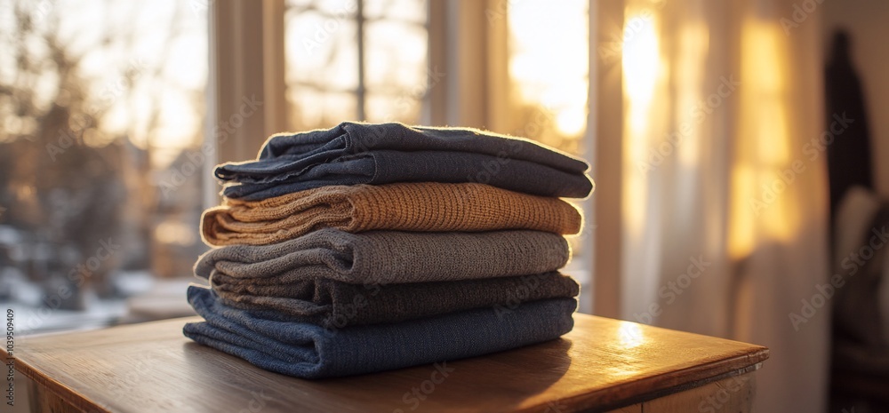 Poster a stack of folded sweaters on a wooden table in a room with a window.