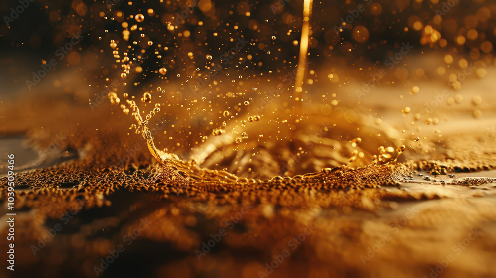 Poster golden liquid splashes create mesmerizing patterns, capturing beauty of fluid motion and texture. vi