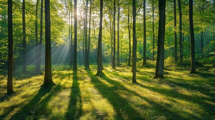 Obraz premium Sunbeams illuminate a lush green forest with tall trees and long shadows on the ground.