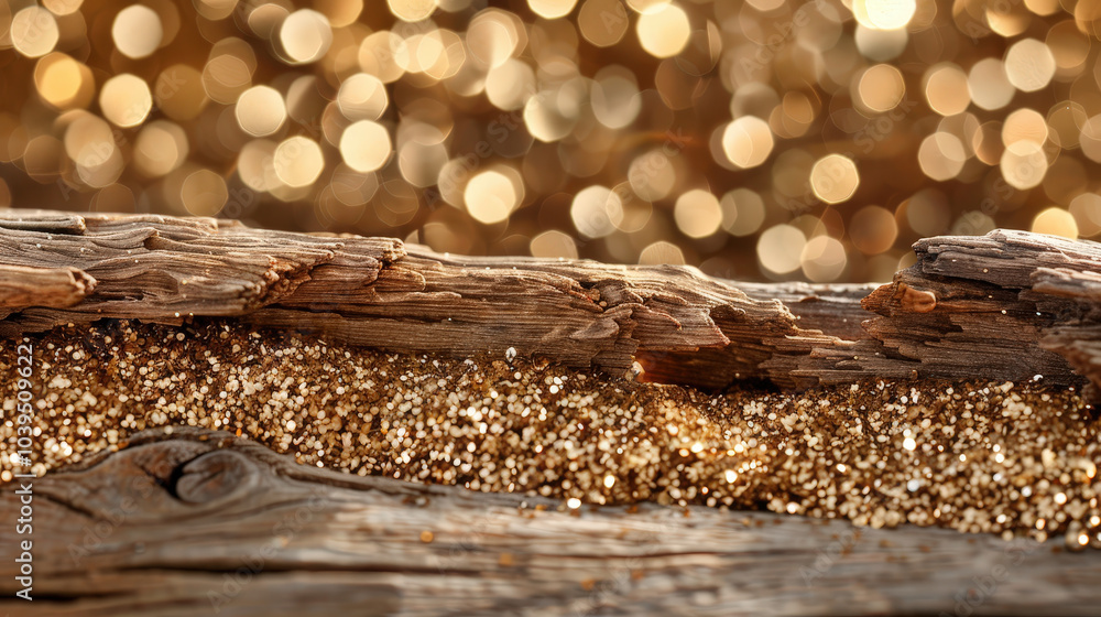 Aufkleber close up view of textured wood with shimmering golden particles, creating warm and inviting atmosphe