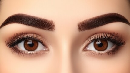 Obraz premium A tight shot of a woman's face adorned with long lashes and brown eyeliner