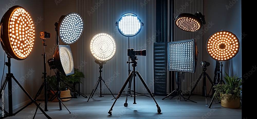 Poster a studio set up with multiple led lights on tripods and a camera on a tripod.