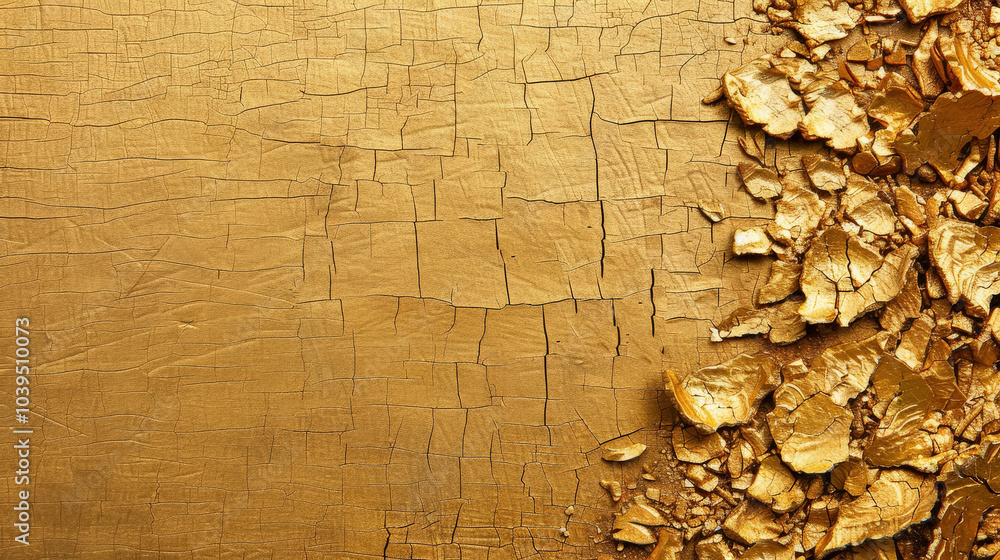 Poster golden texture with cracked surface and scattered flakes, creating rich and luxurious appearance. in