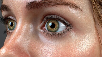 Naklejka premium A near view of an eye with brown hair and applied green eyeshadow against a gray backdrop