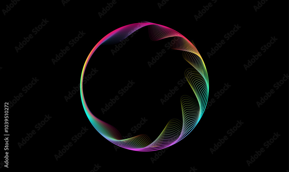 Leinwandbilder Rainbow transparent circular wave isolated on abstract black background with copy space. Vector smooth curve circles lines wavy in round colorful frame