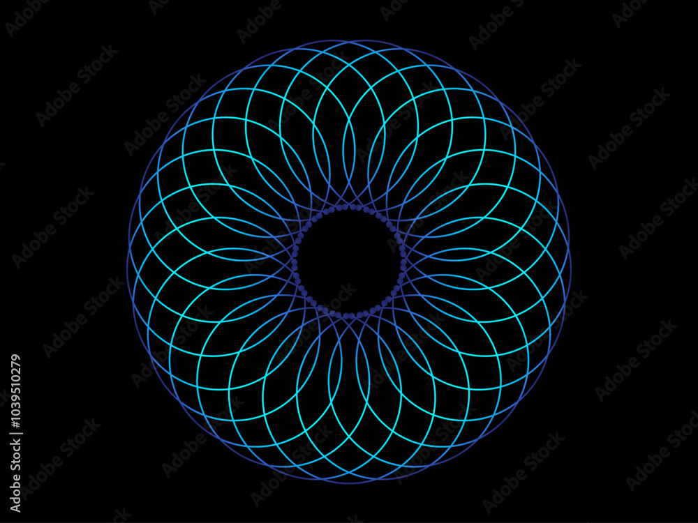 Poster Abstract blue-green lines intertwine in a three-dimensional circular pattern on a black background, creating a unique and eye-catching design of AI technology, science and music