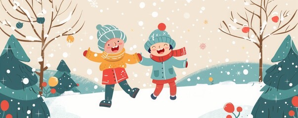 Fototapeta premium children playing in winter illustration.