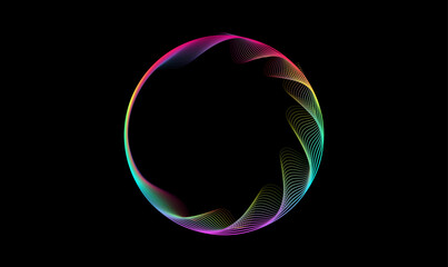 Rainbow transparent circular wave isolated on abstract black background with copy space. Vector smooth curve circles lines wavy in round colorful frame