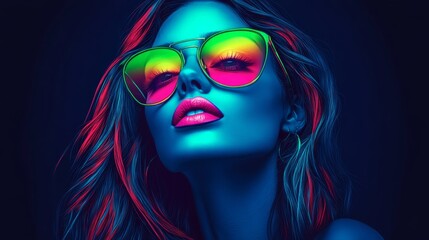 Obraz premium A woman dons neon glasses, hair billowing in the wind, sun partially veiling her face