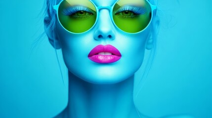  A woman sports bright blue hair, dons green and pink makeup, and wears neon green-pink sunglasses