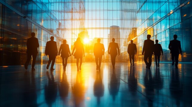 Silhouettes of professionals walking confidently into the future, lit by the glow of a sunset