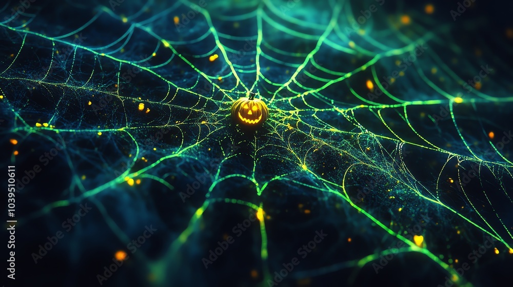 Poster a glowing green spiderweb with a jack-o-lantern in the center. the web is illuminated by a soft, war