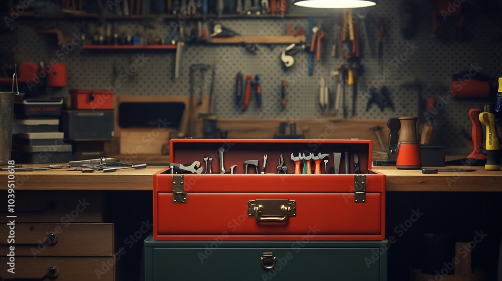 Aufkleber open toolbox with tools on a workbench in a workshop.
