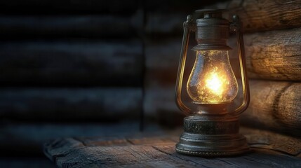 An old oil lamp with a warm glow on a wooden background
