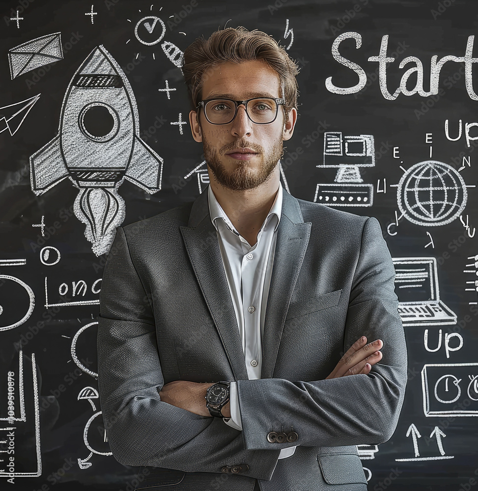 Poster a man in a suit thinking about his business plan, with a rocket and 