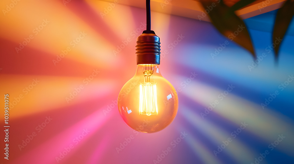 Poster a glowing light bulb hangs from a ceiling, casting colorful rays on a soft background, creating a wa