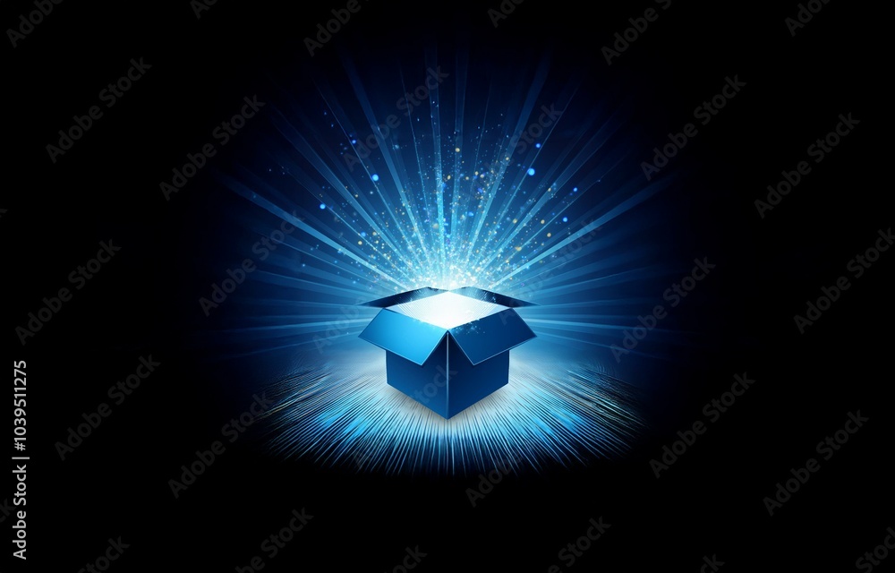 Poster an open blue box glows with an inner light, surrounded by a radiating blue glow and sparkling partic