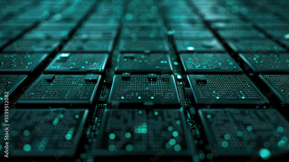 Poster futuristic technology grid featuring glowing microchips and intricate circuitry, creating mesmerizin