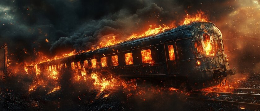 A train engulfed in flames, surrounded by dark smoke, creating a dramatic and intense scene of destruction.