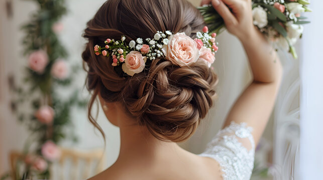 A hairstyle with colorful flowers makes the bride a wedding
