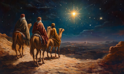 Silhouette of three wise men on camels in desert. On a background a Bright Bethlehem star. Nativity of Jesus concept. Epiphany concept