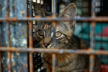 Tabby kitten with big eyes is peering sadly out from a rusty cage