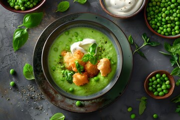 Creamy Pea Soup with Crispy Fish Bites and Fresh Herbs
