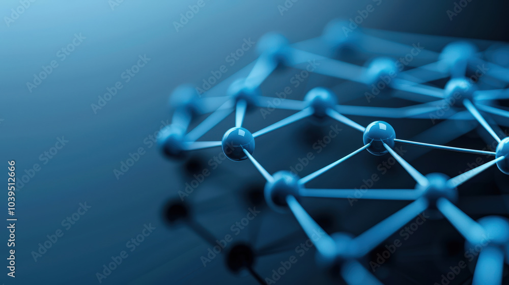 Poster close up view of abstract tech network featuring glowing blue nodes interconnected by lines, creatin
