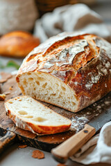 Close-up of freshly baked artisan sourdough bread with golden crust, sliced on a rustic wooden board in warm natural light, perfect for culinary and food presentation.