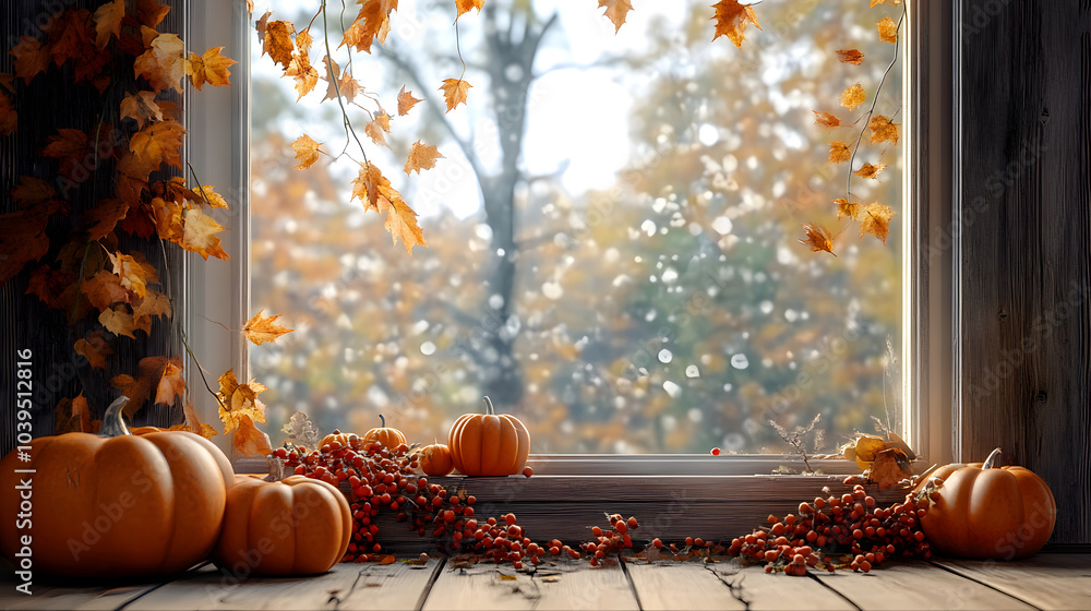 Poster a window with a view of trees and a window ledge with pumpkins and berries. scene is warm and cozy, 