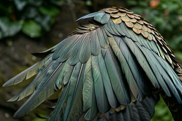 Obraz premium Close up of a nicobar pigeon showing the iridescent feathers on its wingspan