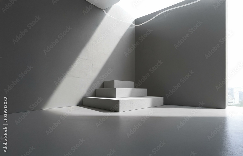 Aufkleber a minimal gray room with a window and a three-step platform in the corner.