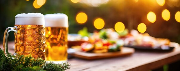 Two glasses of beer on a table with blurred food background and warm lights.