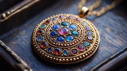 Obraz premium Ornate gold locket with precious gemstones detailed with fine filigree work lying on a vintage jewelry tray evoking timeless luxury