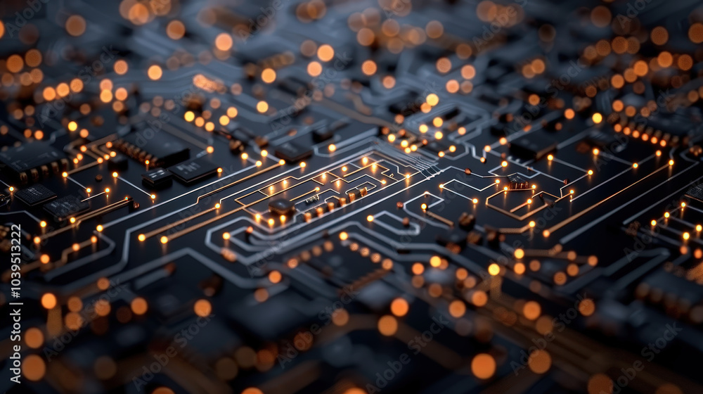 Aufkleber close up view of circuit board featuring glowing points of light, showcasing intricate electronic pa