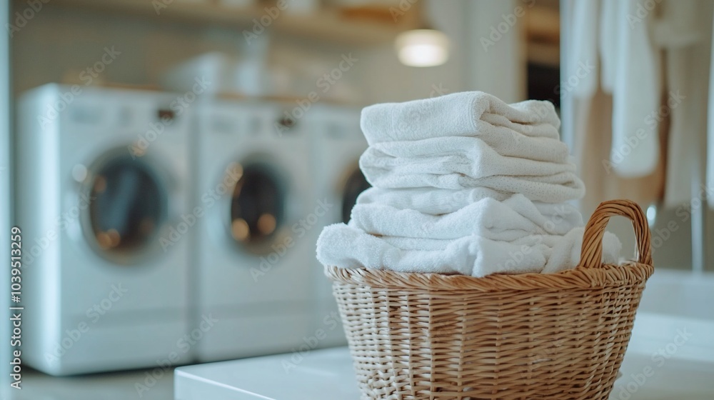 Poster A wicker basket filled with folded white towels sits on a countertop in a laundry room with two washing machines in the background.