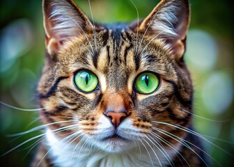 A tabby and white cat, captured in an aerial close-up, showcasing its mesmerizing green eyes.